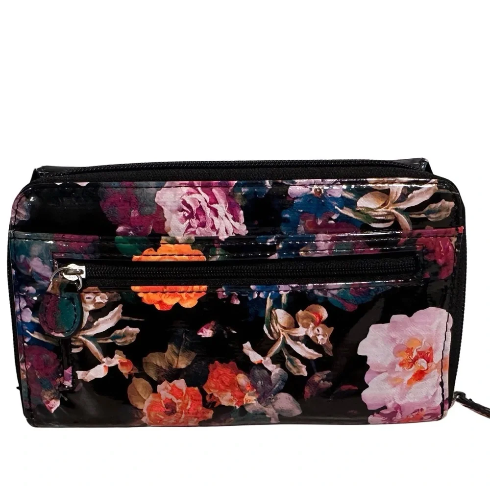Patent Leather Floral Wallet Clutch in Black with Pink & Orange Flowers GUC